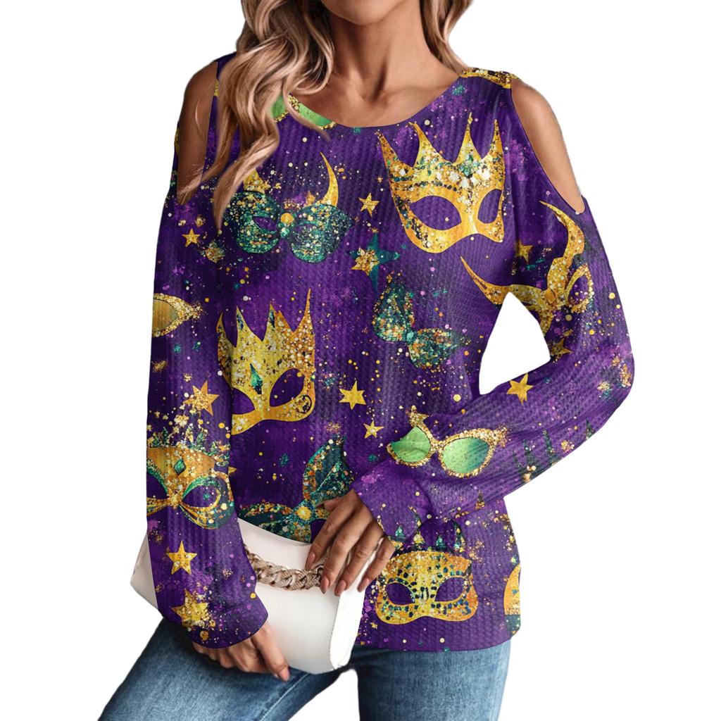 Damen Winter Oversized T-Shirt Modisch Schulterfrei Rundhals Vintage Blumendruck Pullover Langarm Oberteil