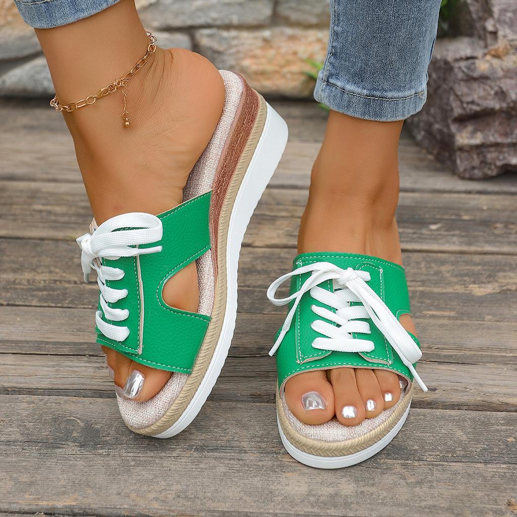 Mode 2025 Sommer neue lässige, leichte und strapazierfähige Schnür-Dekor Keilabsatz Fischmaul Römersandalen