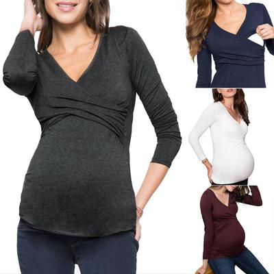 Women's V Neck Long Sleeve Maternity Nursing Top Slim Casual Cross Wrap T Shirt