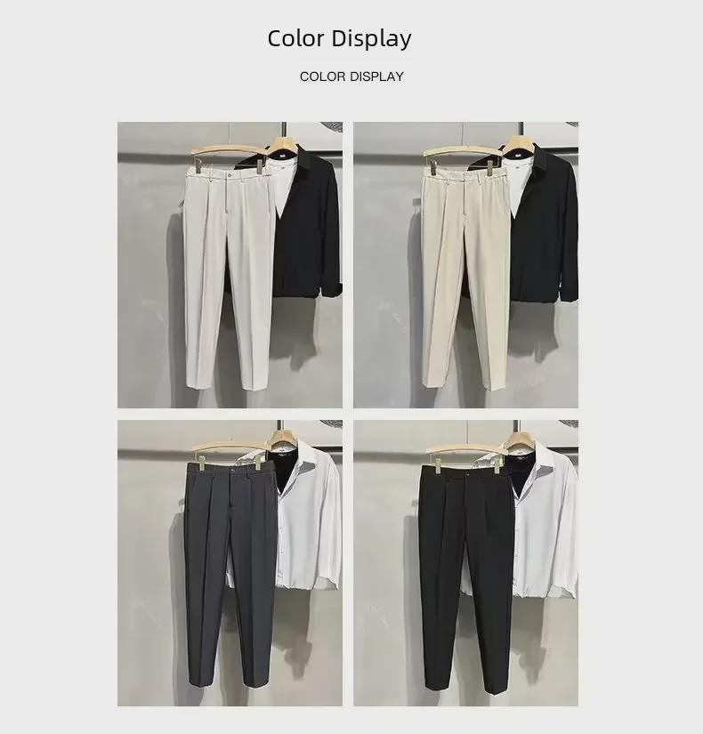 Men's British-Style Straight Slim-Fit Drapey Trousers, Korean Tapered Nine-Point Suit Pants