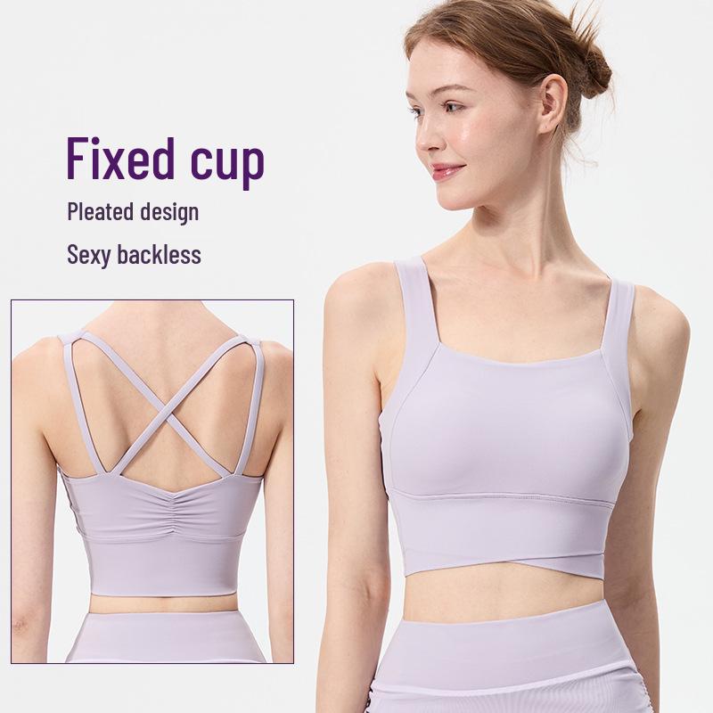 Nude Feel Cross Back Shockproof Women's Sports Bra - Fixed Cup Fitness & Running Vest for High-Intensity Workouts