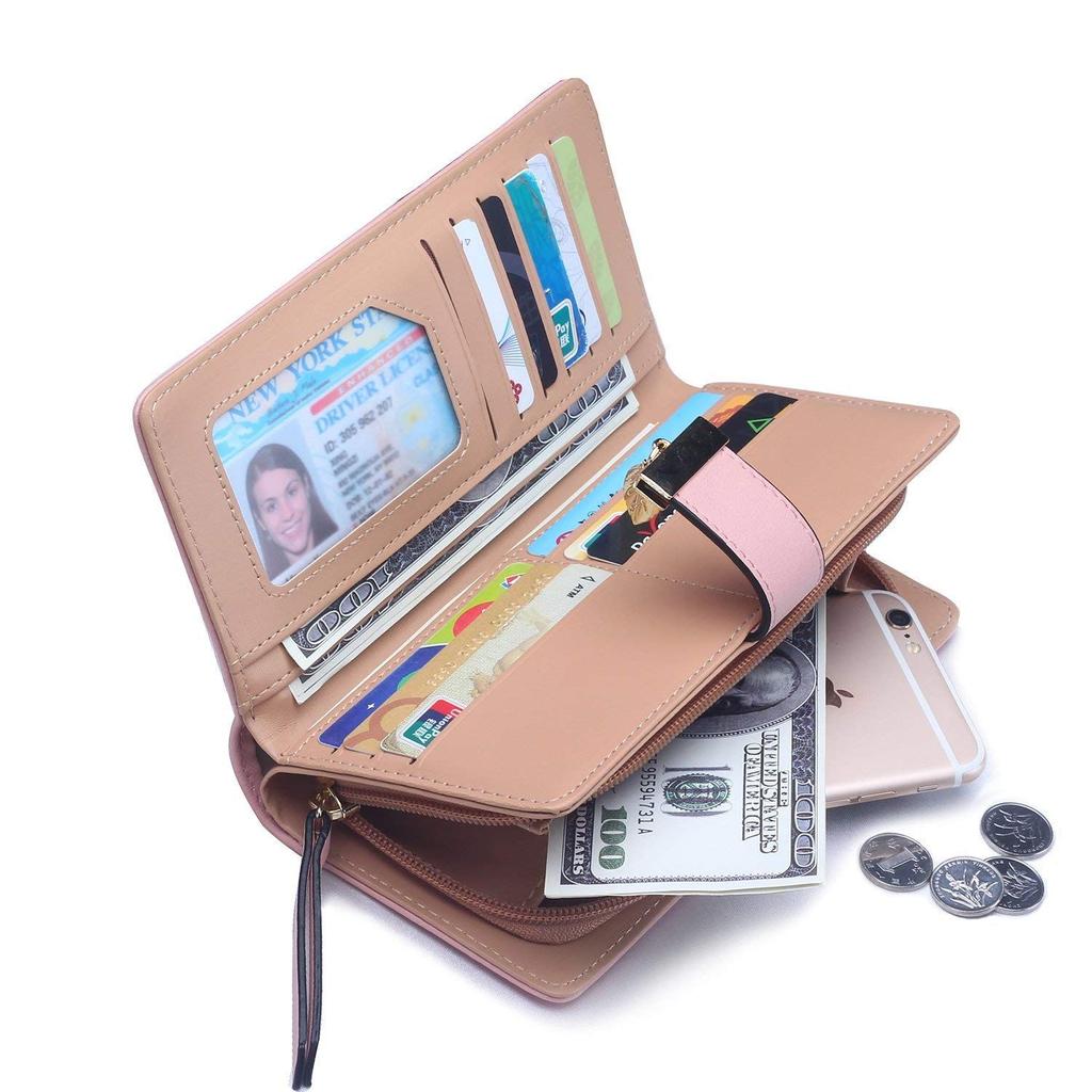 Rose Gold Vegan Leather Women's Leaf Bi-fold Card Coin Holder Long Purse Clutch Wallet