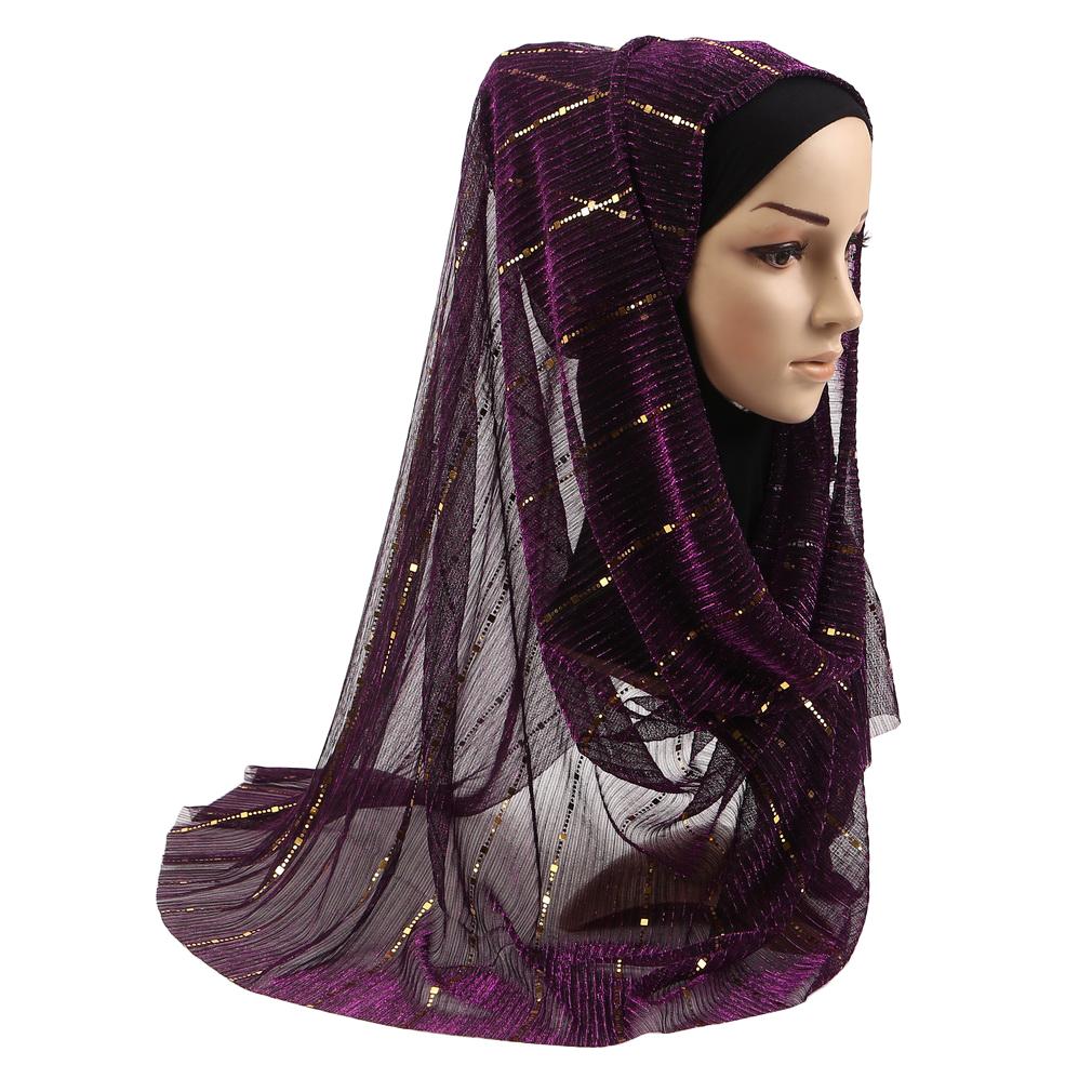 Women Gold Sequins Hijab Scarf, 70x180cm Polyester Shawl Head Cover Daily Wear