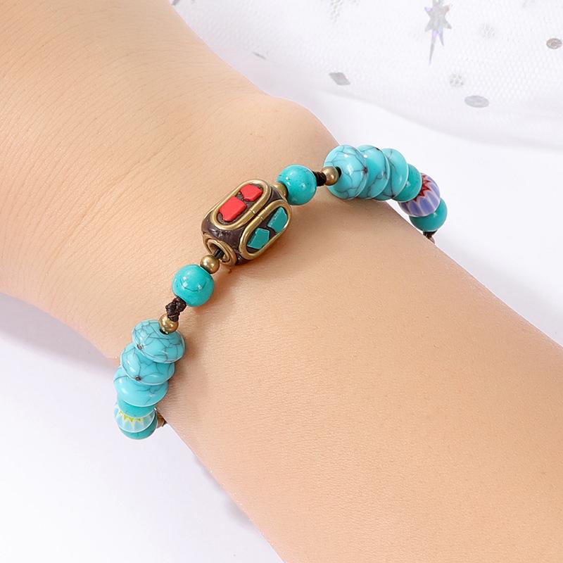 Ethnic Style Hand-woven Retro Color Beaded Bracelet Tibetan Pure Copper Bracelet Bell Antique Hand Rope Women's Jewelry