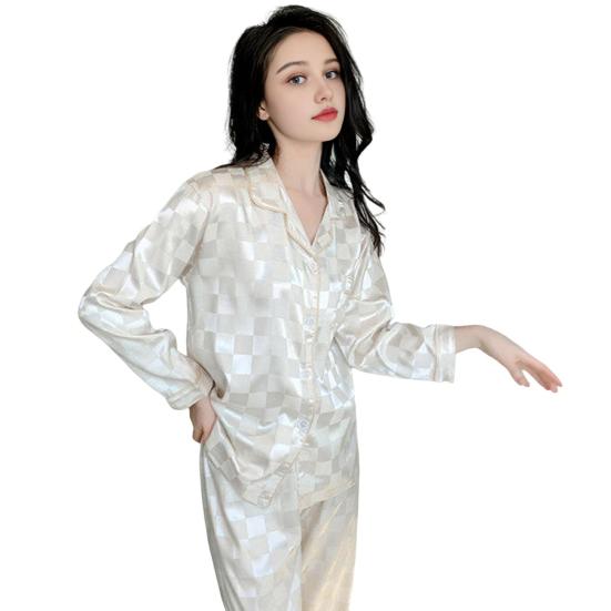 Womens Satin Pajamas Set Button Down Long Sleeve Top And Long Pants Sleepwear Set Oversized Casual Plaid 2 Piece Lounge Set