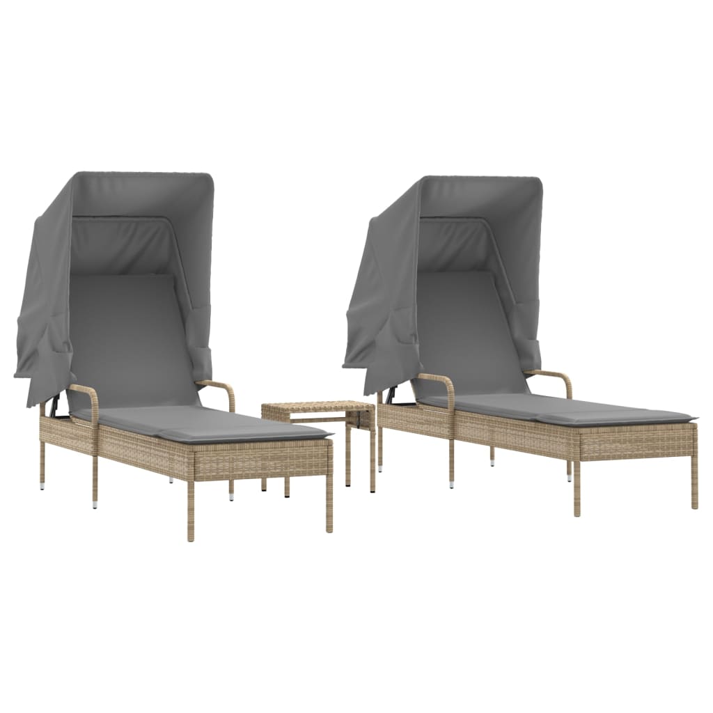 2 Piece Sun Lounger Set with Canopy and Table Beige Poly Rattan
