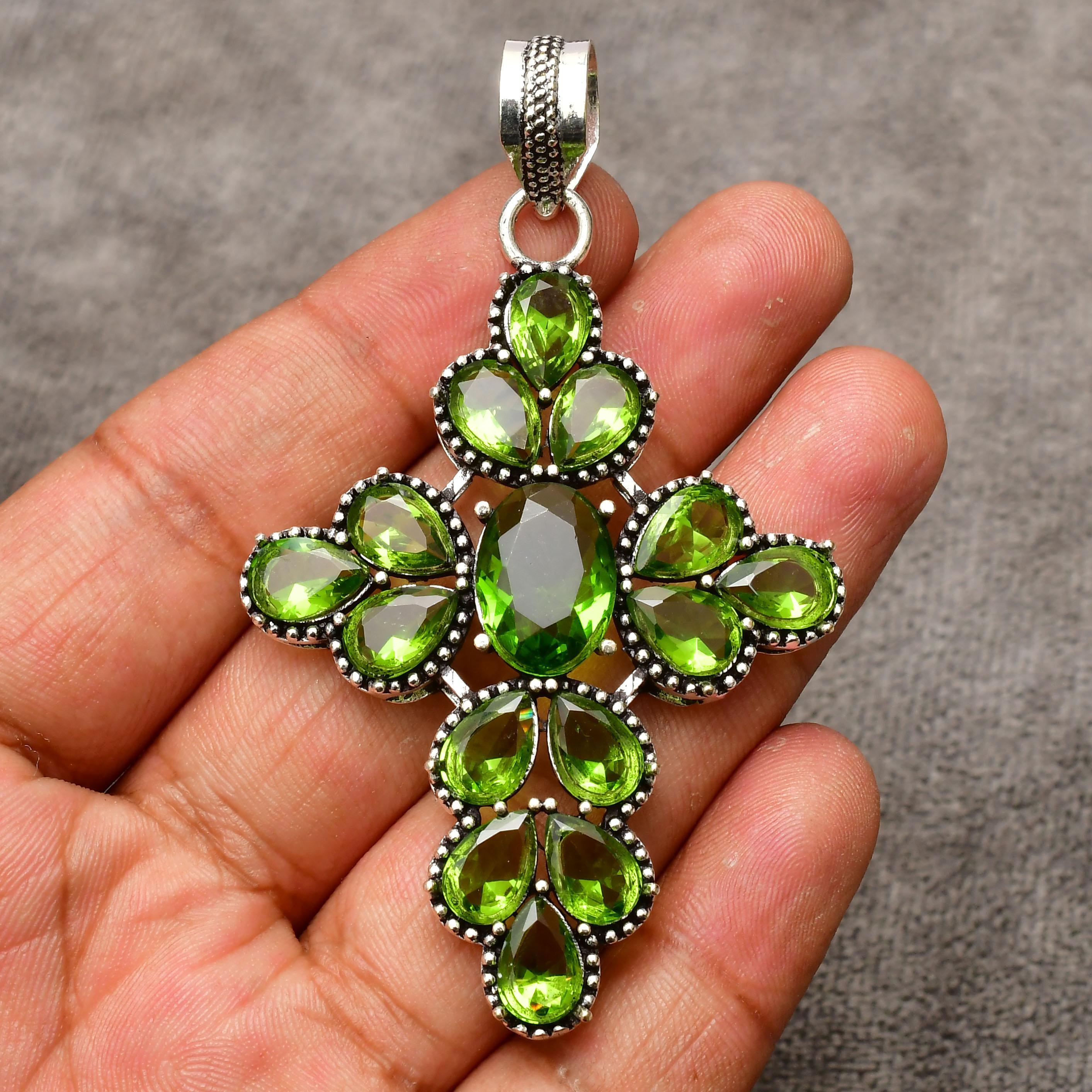 Peridot Gemstone Cross Shape Pendant : 925 Sterling Silver Handmade Jewelry Pendant Approx. 2.75 Inches Long зелёный