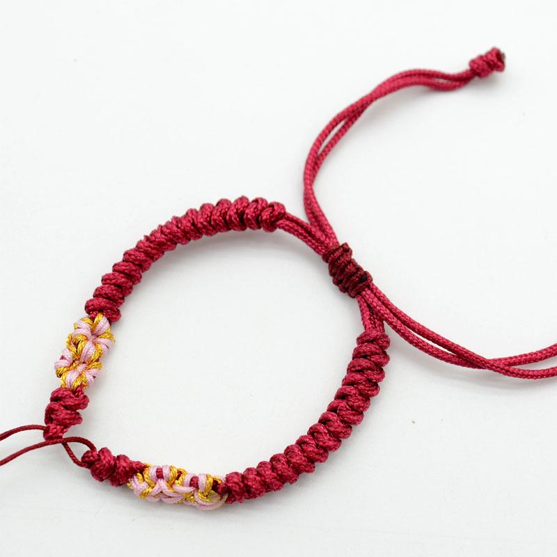 Handwoven Peach Blossom Knot Bracelet with Silver Peace Buckle and Optional Beads