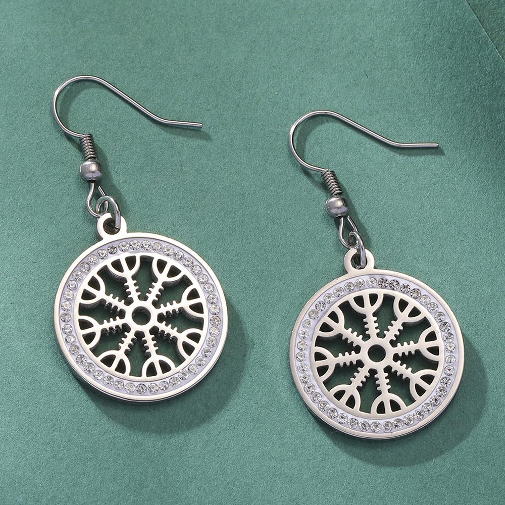 Dawapara Norse Compass Vegvisir Dangle Earrings Crescent Moon Protection Scandinavian Amulet Stainless Steel Jewelry