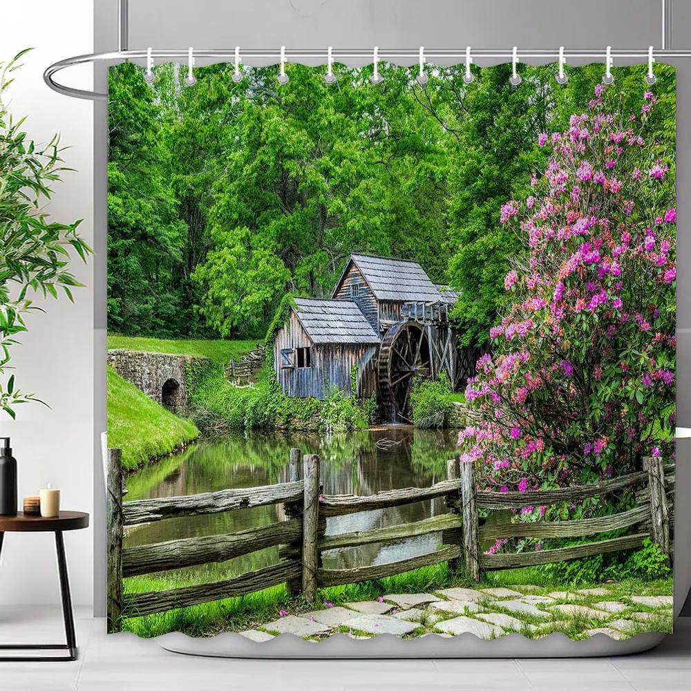 Outdoor Scenic Forest Waterfall Shower Curtain Tropical Jungle Plants Green Leaves Natural Landscape Fabric Shower Curtain Decor