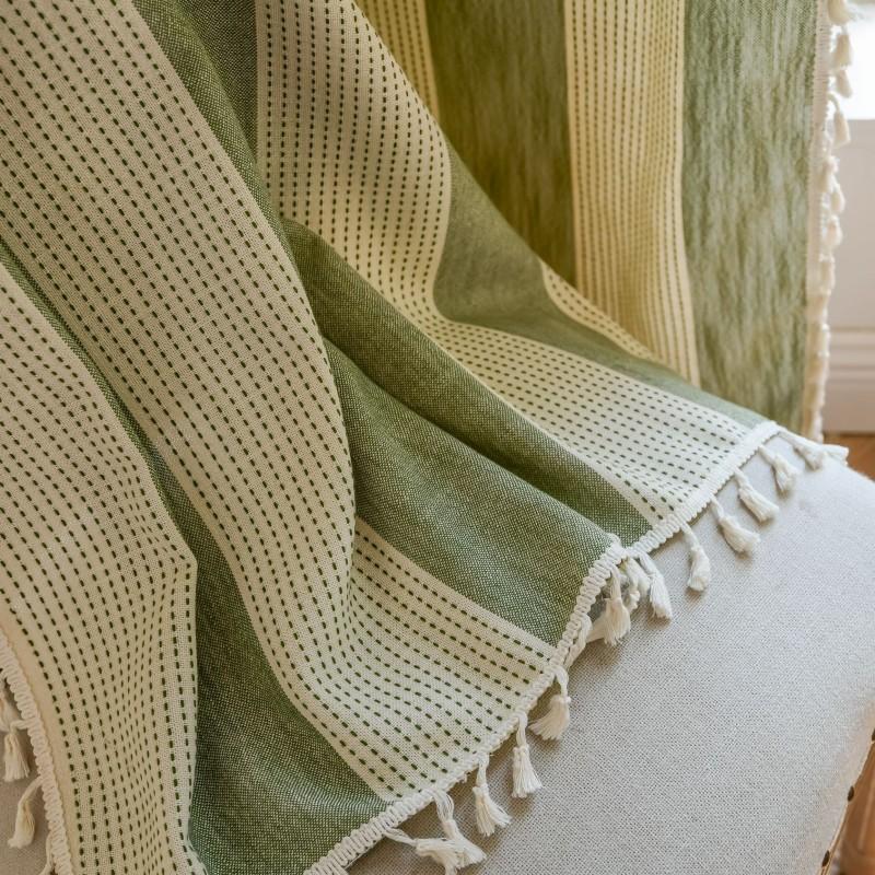Modern Striped French Style Semi-Sheer Curtain Living Room Balcony Cotton Drapery With Rod Pocket Tassel Trim