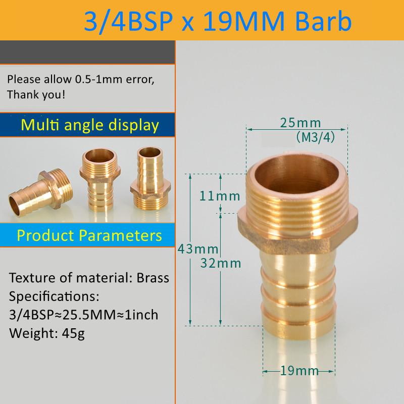 Pagoda Connector 6 8 10 12 14 16 19mm Hose Barb Connector Hose Tail Thread 3/4 BSP Thread PC Male Brass Water Pipe Fittings
