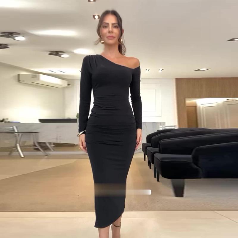 2024 Autumn Asymmetric Neckline Slim Fit Slit Bodycon Dress - European & American Pure Desire Style