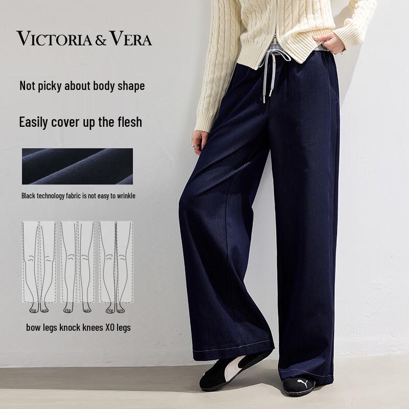 VICTORIA&VERA Women s Casual Wide-Leg Faux Denim Trousers L