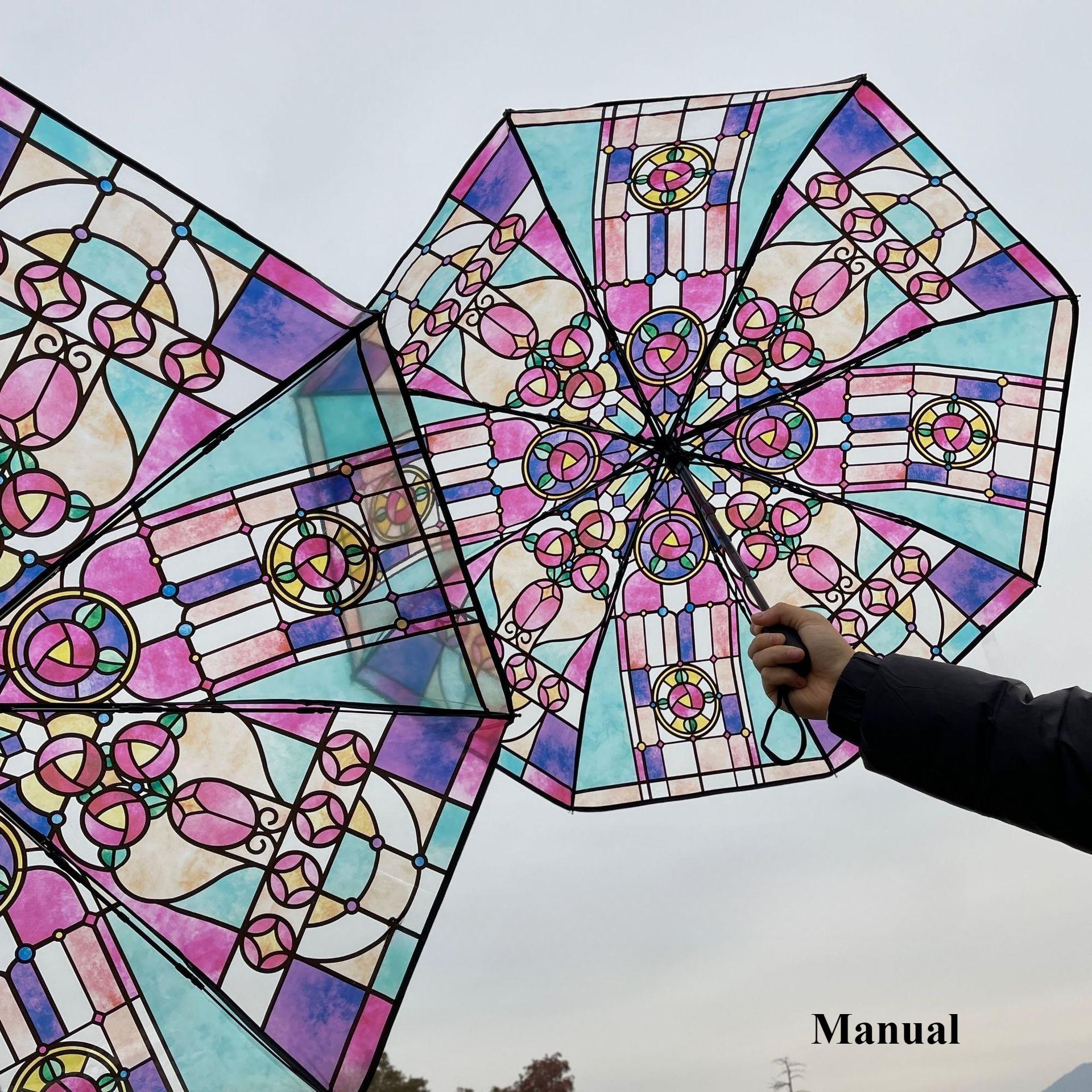 

Hand-Painted Transparent Umbrellas Stained Glass Print Long Handle Romantic Unisex Rain Sun Protection Parasol metal-fiber composite&8K