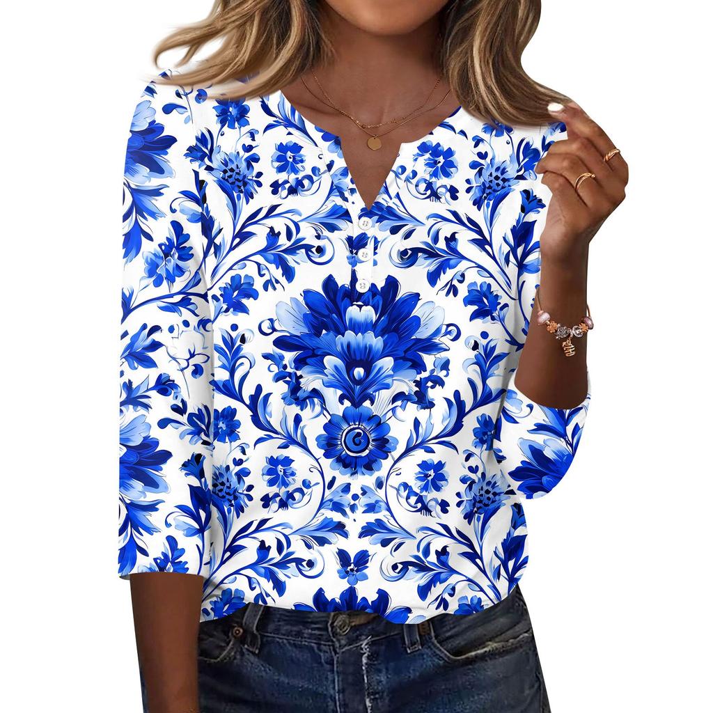 Women's T Shirt Print Button 3/4 Sleeve Daily Weekend Fashion Basic V- Neck Regular Top