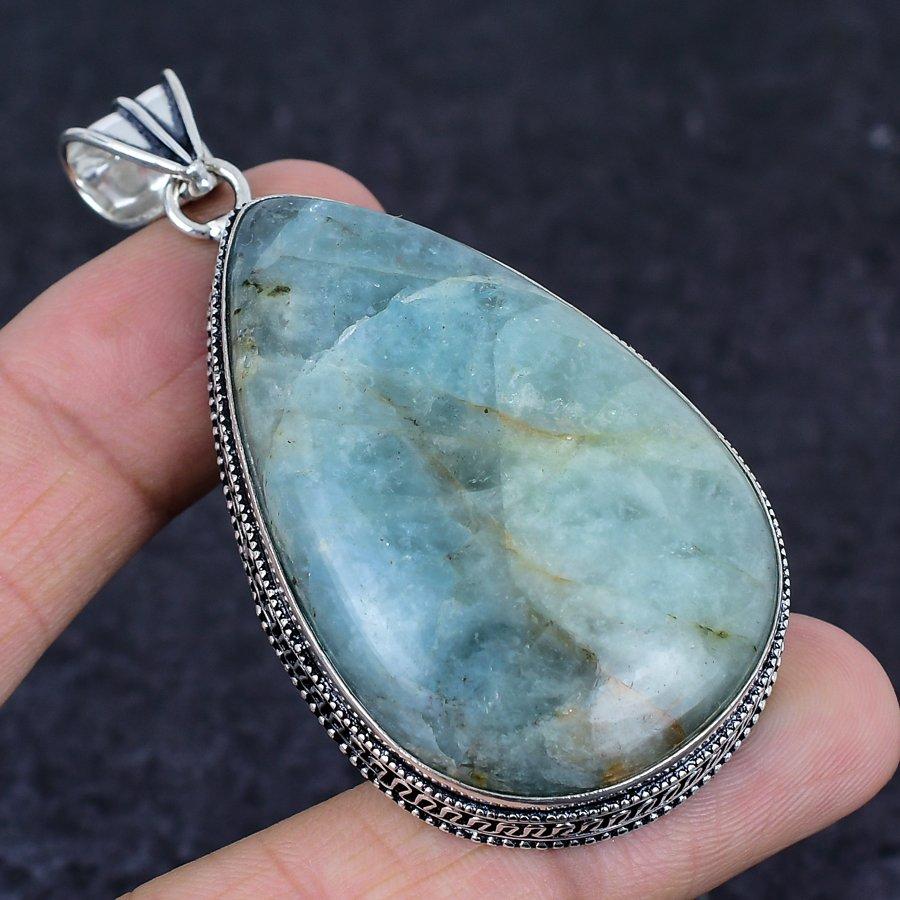 Aquamarine Gemstone Handmade 925 Sterling Silver Jewelry Pendant 2.76" y1S65