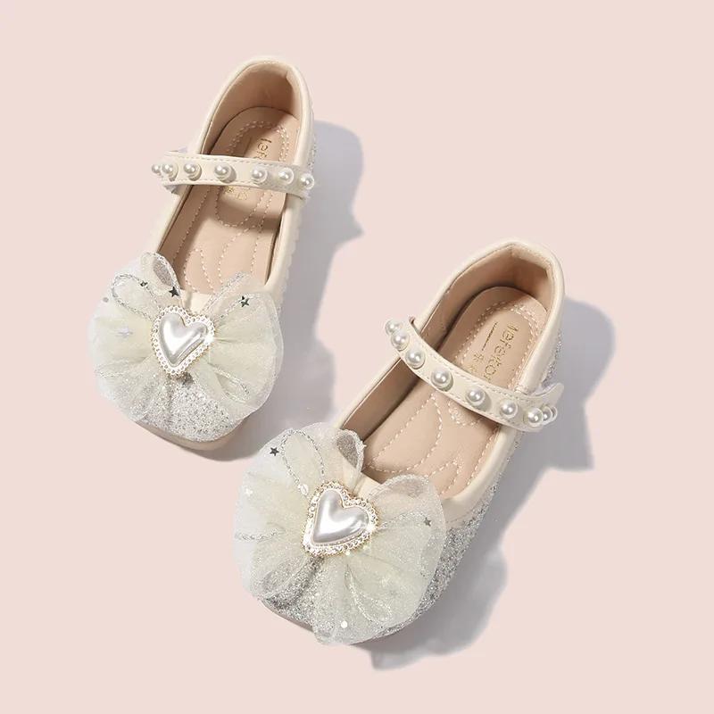 Sweet Kids Leather Shoe Spring Autumn Princess Shoes for Girls Glitter Elegant Children Party Wedding Dress Flats Single Shoes