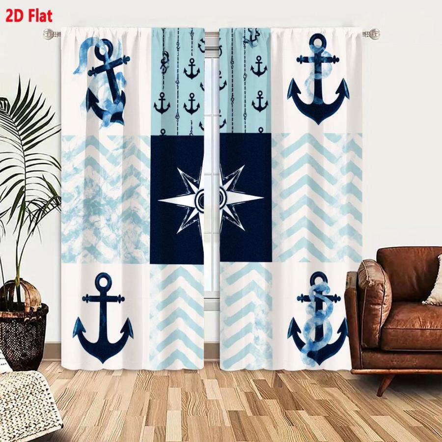 2PCS Digital Printed Curtains, Ocean Wave Ship Anchor Nautical Sailor, Modern Home Decor Style for Living Room Bedroom Decor