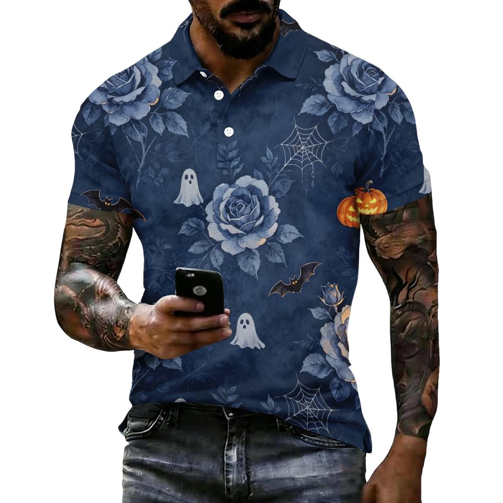 Herren Halloween Print Kurzarm Poloshirt Lockerer Schnitt Lässig Sommer Tägliches Tragen Hemdkragen mit Knöpfen