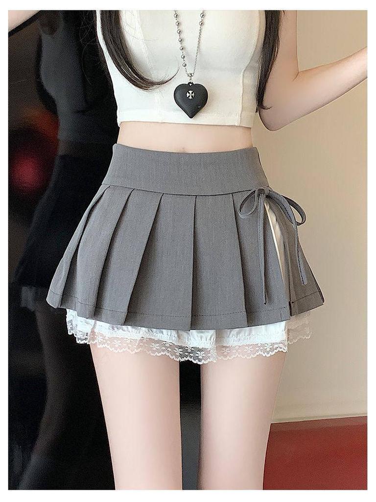 Spicy Ultra-Short Pleated Lace Patchwork A-line Skirt with Bow for Women