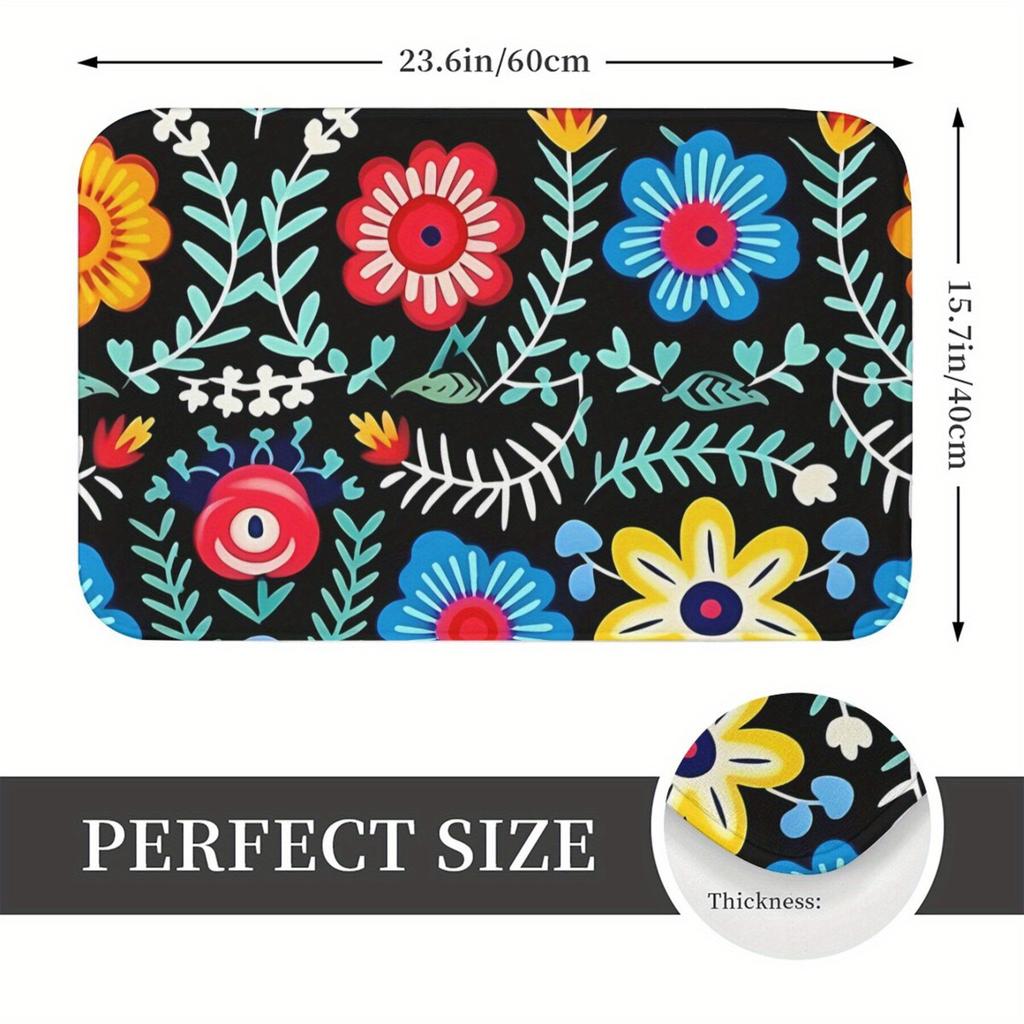 Polish Folk Art Floral Doormat – Boho Ethnic Flower Rug for Entryway Living Room Kitchen | Machine Washable Indoor Floor Mat
