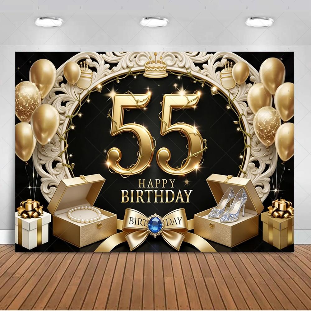 Sfondo per 55° Compleanno Forniture Palloncini Nero Oro 55 Anni Sfondo Decorazione Festa Scintillante Oggetti di Scena per Servizio Fotografico