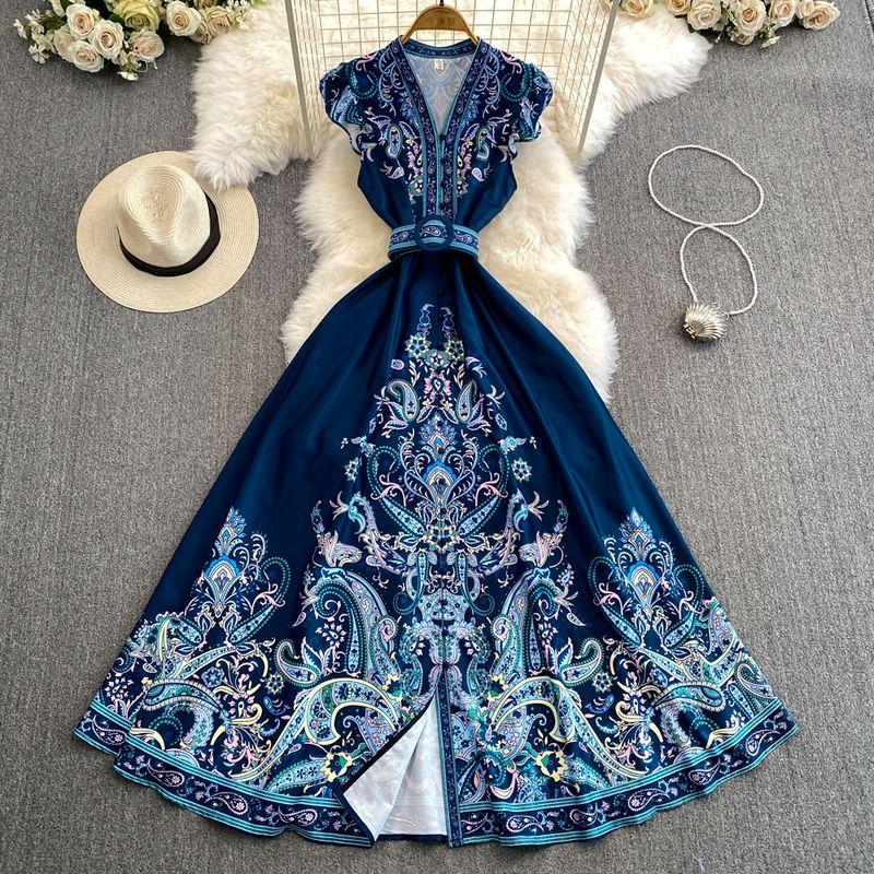 

Elegant Single Breasted V Neck Elegance A- line Printed Dress Royal Blue L