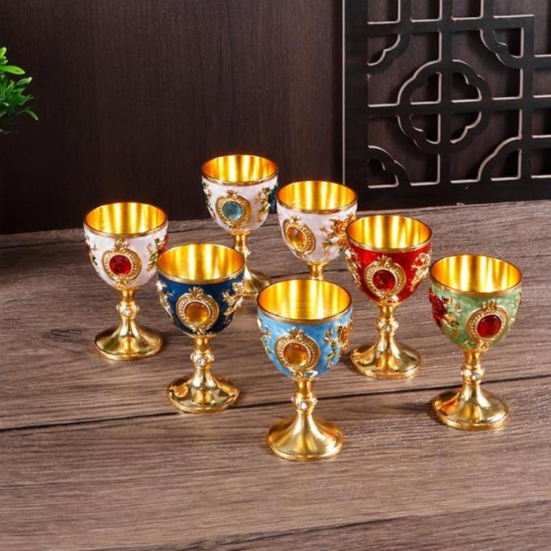 Vintage European Alloy Goblet Embossed Enamel Mini Liquor Wine Cup Multi Colors For Wedding Home Bar Table Decor Gift