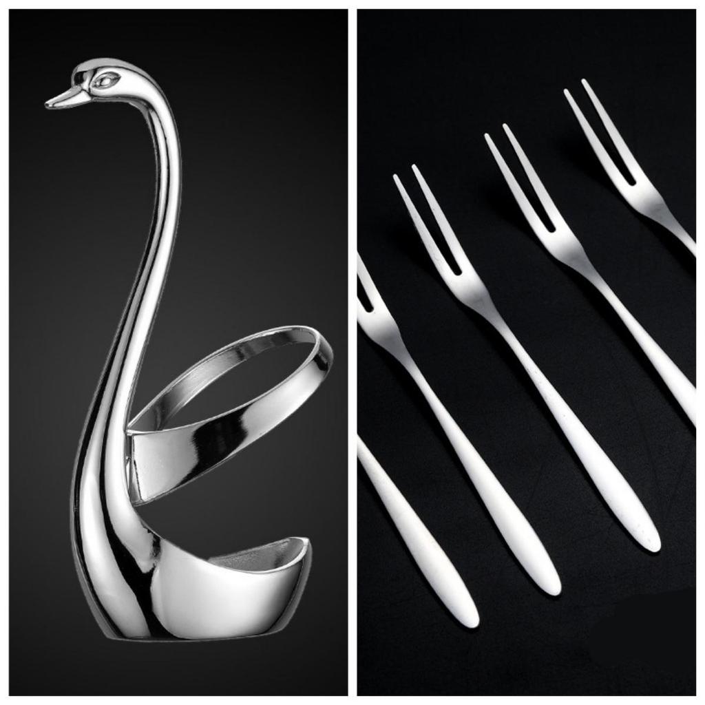 6pcs Set Stainless Steel Fruit Fork  Dessert Fork, Cake Two Tooth Fork, Creative Swan Base Tableware Storage Rack
