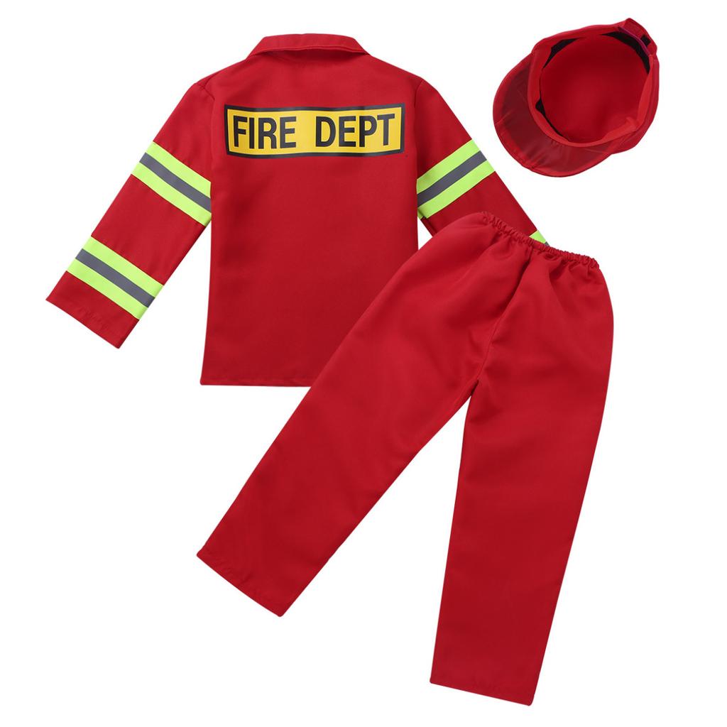 Kids Fireman Costume Set Girls Boys Firefighter Cosplay Fancy Dress Up Thick Jacket Coat With Pants Hat Set