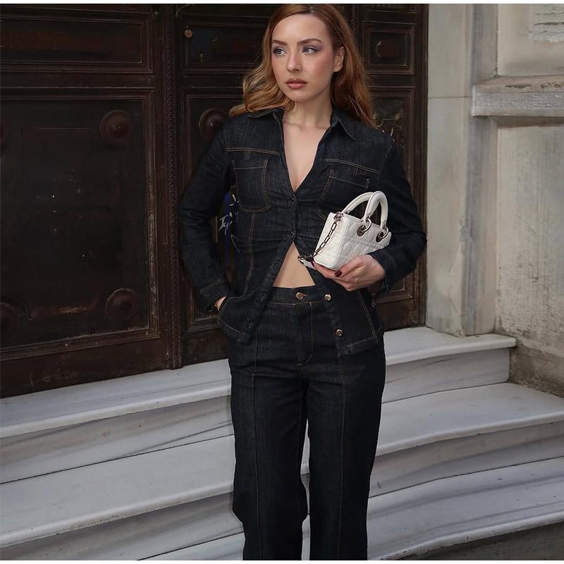 Elegant Denim Solid Color Top Pants Set Women Lapel Single Breasted Pockets Jacket Straight Loose Jeans 2025 Spring Street Fashion Set