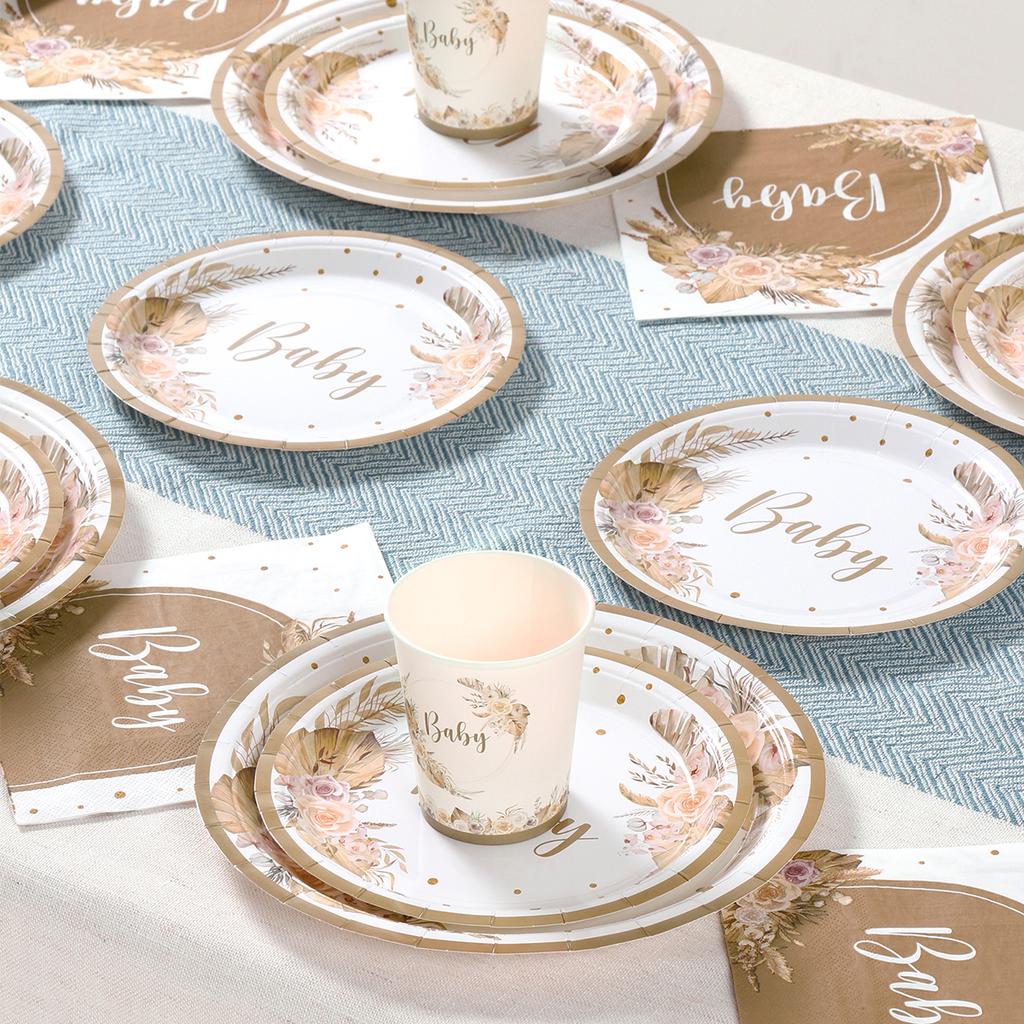 Baby Floral Printed Tableware Set Paper Plate Cup Napkin Baby Shower Boy Girl Birthday Party Decoration Kids Party Supplies