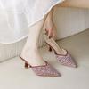 Baotou Half Slippers Women's Outer Wear 2025 Summer New Fashion Rhinestone Thin Heel Pointed High Heel Cool Slippers Women