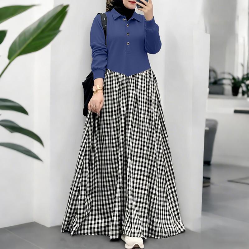ZANZEA Damen Freizeit Langarm Patchwork Karomuster Langes Kleid mit Umlegekragen