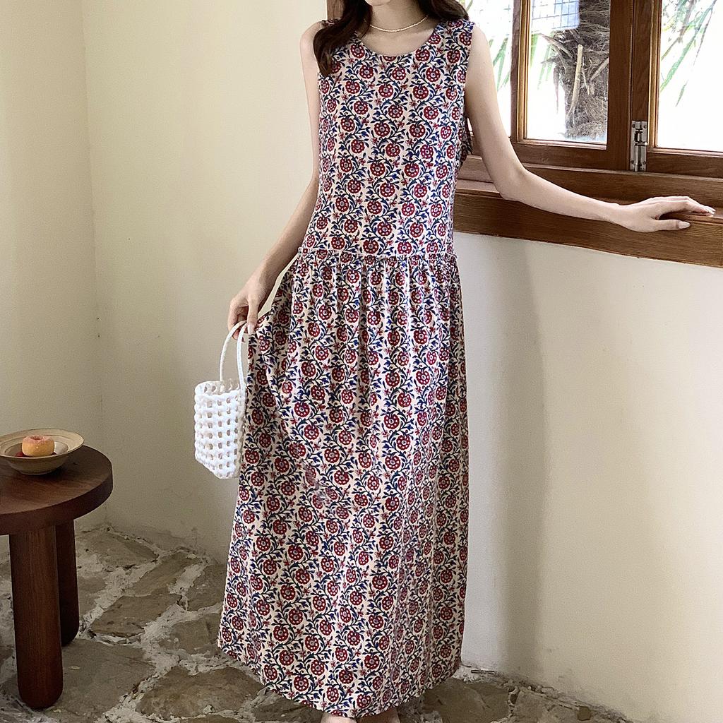 Summer sleeveless polka dot nightdress women's summer cotton silk long dress can be worn outside casual loungewear yellow high-end dress