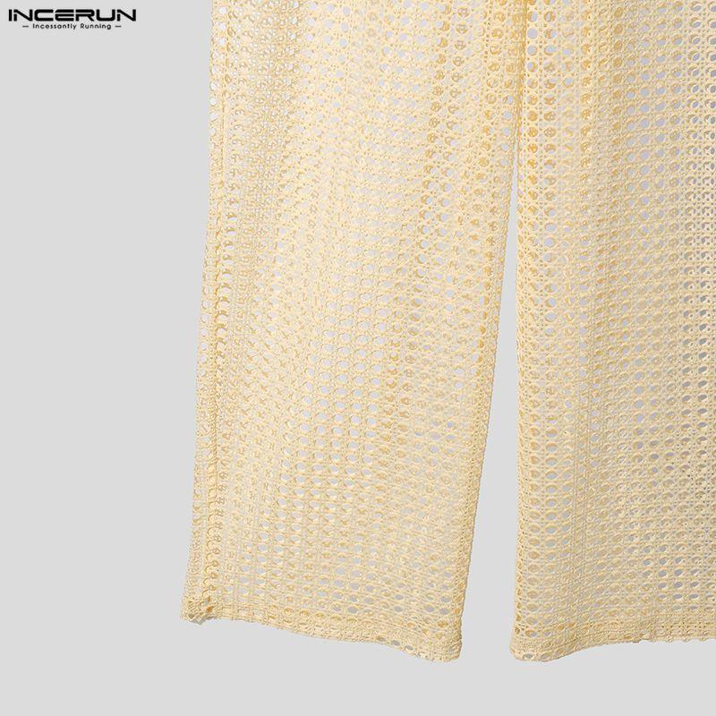 INCERUN Summer Men Beach Sets Sleeveless Hollow Tops Elastic Waist Pants Two-piece Suits