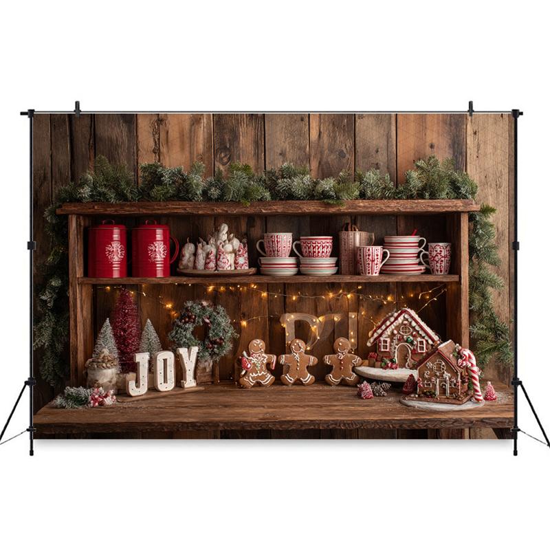Mocsicka Christmas Kitchen Backdrop Wooden Cabinet Tableware Decorations Christmas New Year Party Festival Backgrounds Wallpaper