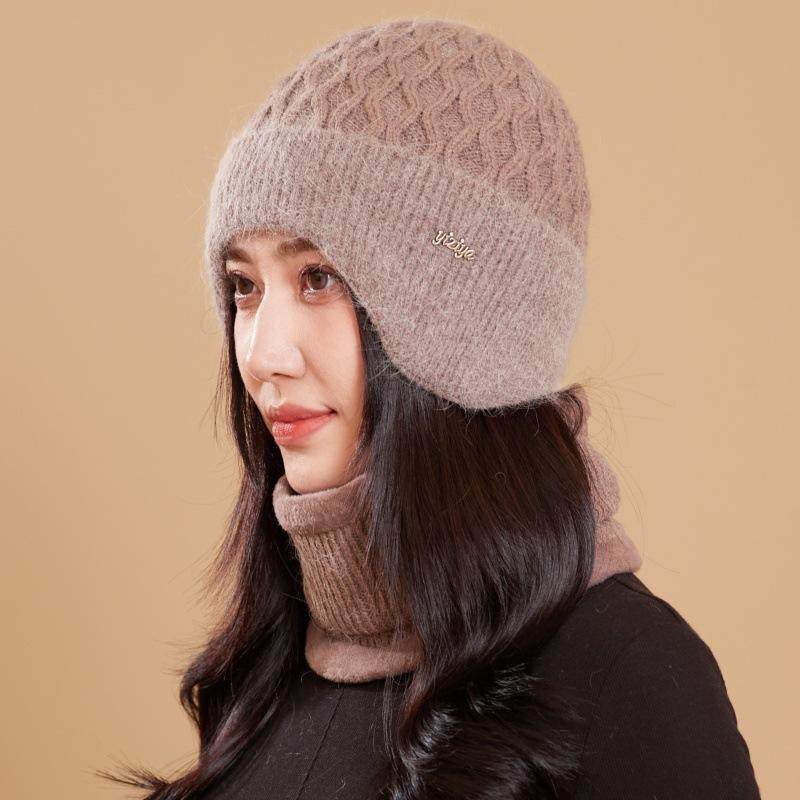 Autumn and Winter Middle-aged and Old Mother Wool Hat Knitted Two-piece Set, Ear Protector, Pullover Hat, Scarf, Plush Warm Hat