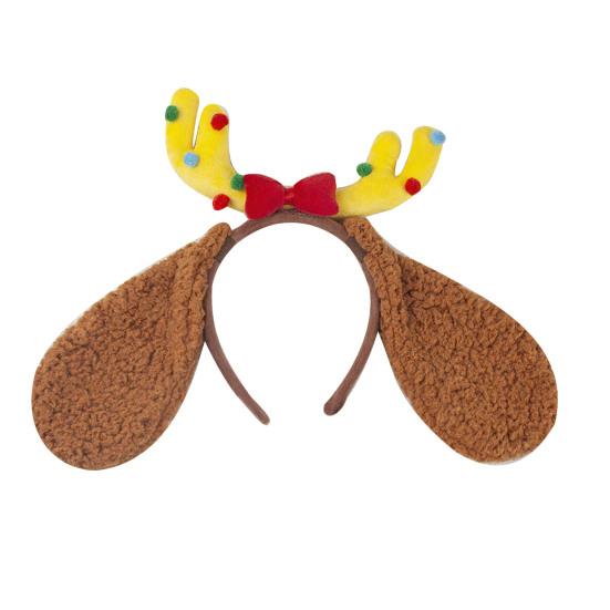 Dog Antler Headband Christmas Pet Costume Hairband Adjustable Headband with Bow Floppy Ears for Medium Large Dogs Holiday Party Dress-up