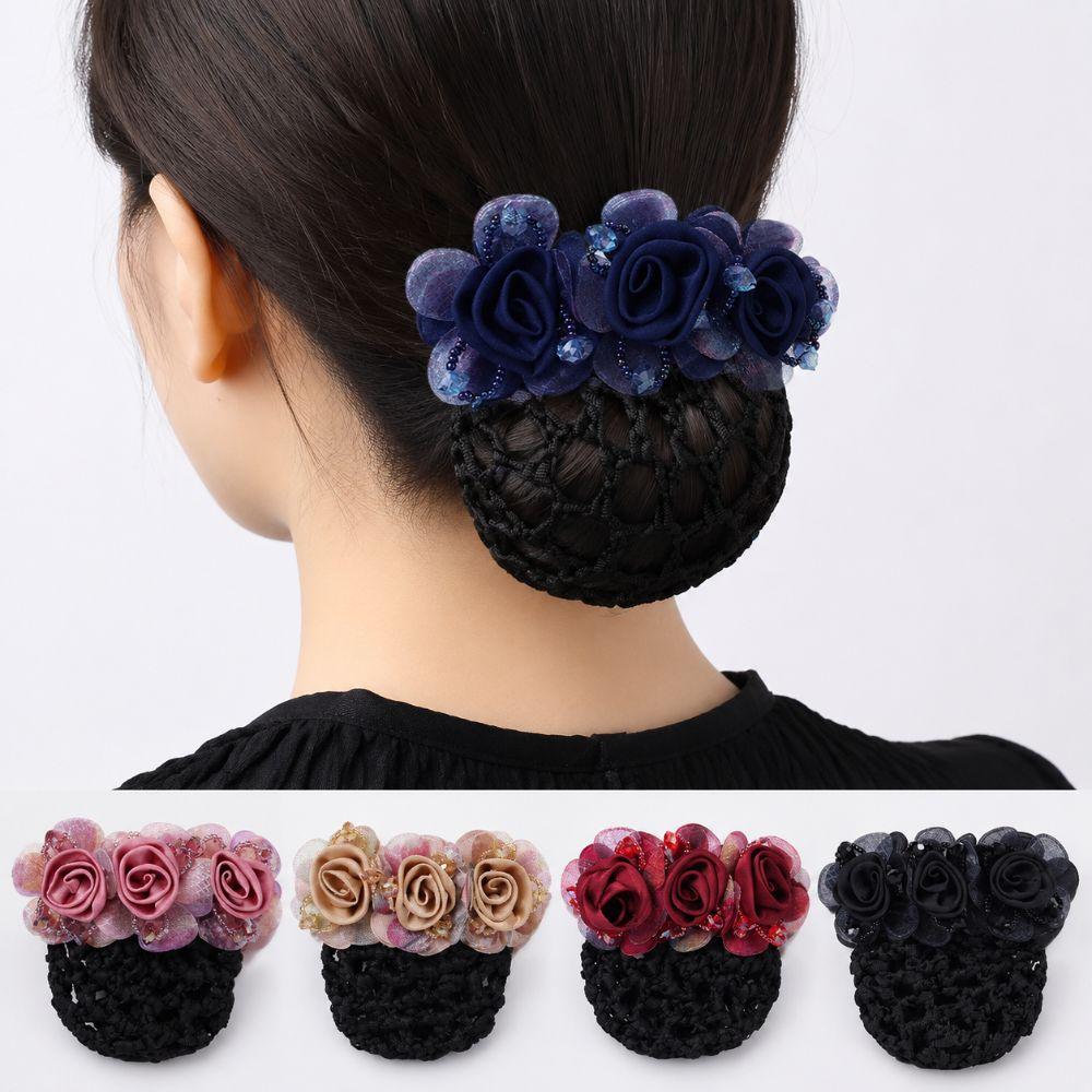Retro Style Flower Hair Net with Spring Clip Net Pocket Headdress For Work Use