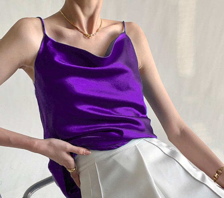 Women's Multicolor Satin Drape Camisole - Elegant Loose Fit with an Acetate Inner Layer