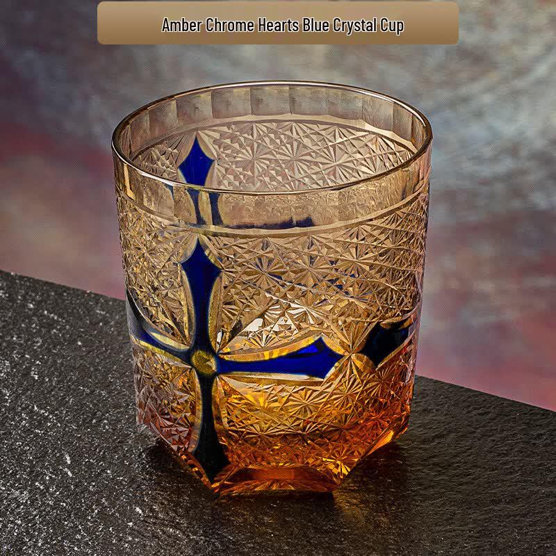 Shangqi K9 Amber Blue Cross Carved Crystal Whiskey Glass