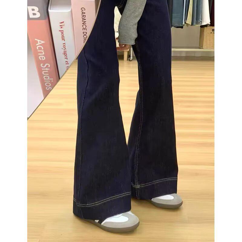 

Женские джинсы больших размеров темно-синего цвета А-силуэта с широкими штанинами - Стройнящие, свободного кроя для фигур типа «груша», идеально подходят для весны и осени. XL синий