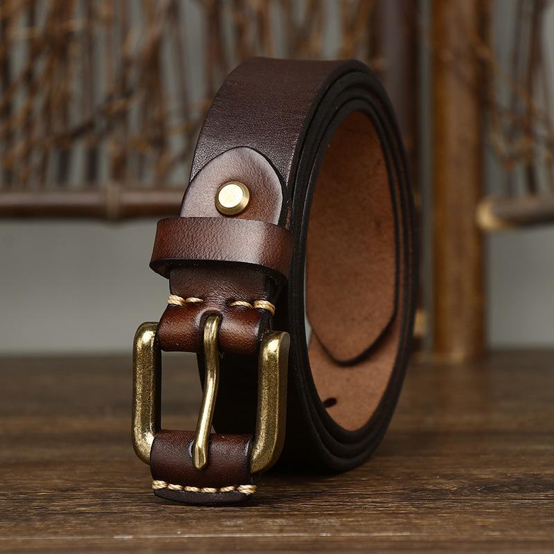 Dámský kožený opasek v korejském stylu, jednoduchý, moderní, retro, první vrstva, čistá hovězí kůže, mosazná přezka, dámský džínový opasek