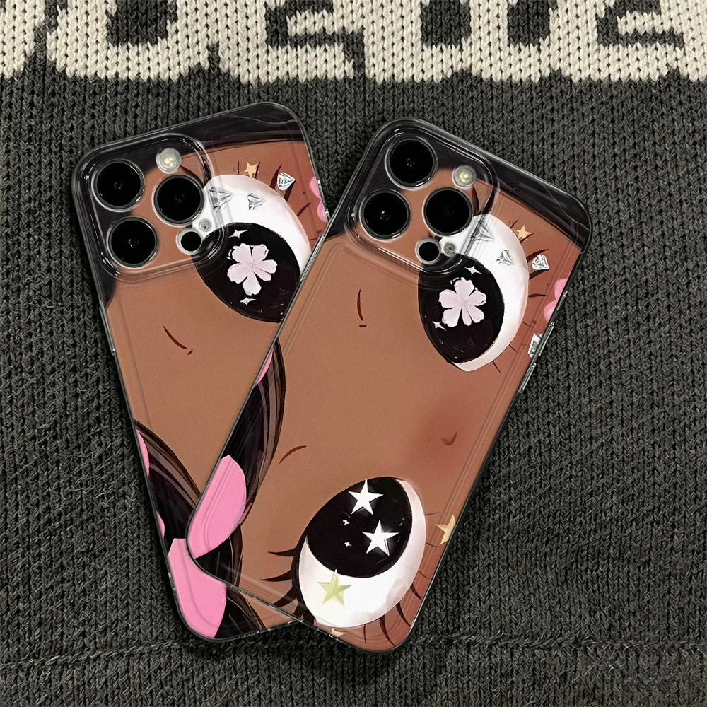 Fashion Stripe Anime Big-Eyed Girl Silicone Case For Iphone 13 16 Plus 12 15 11 17 14 Pro Max Trendy Striped Cover