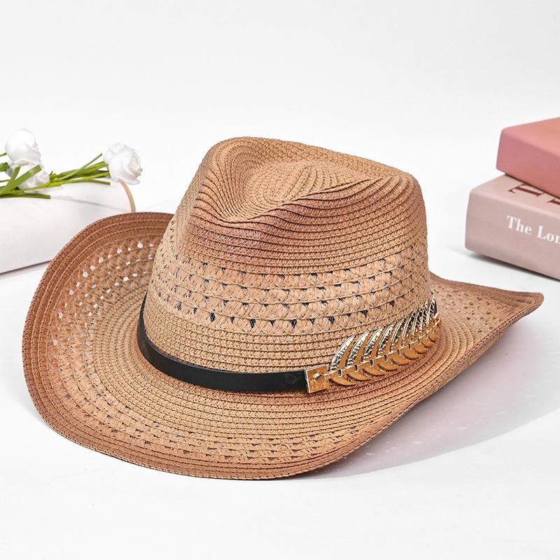 Western cowboy straw hat showing face small ethnic style hat men's and women's outdoor shading breathable straw sun hat tide
