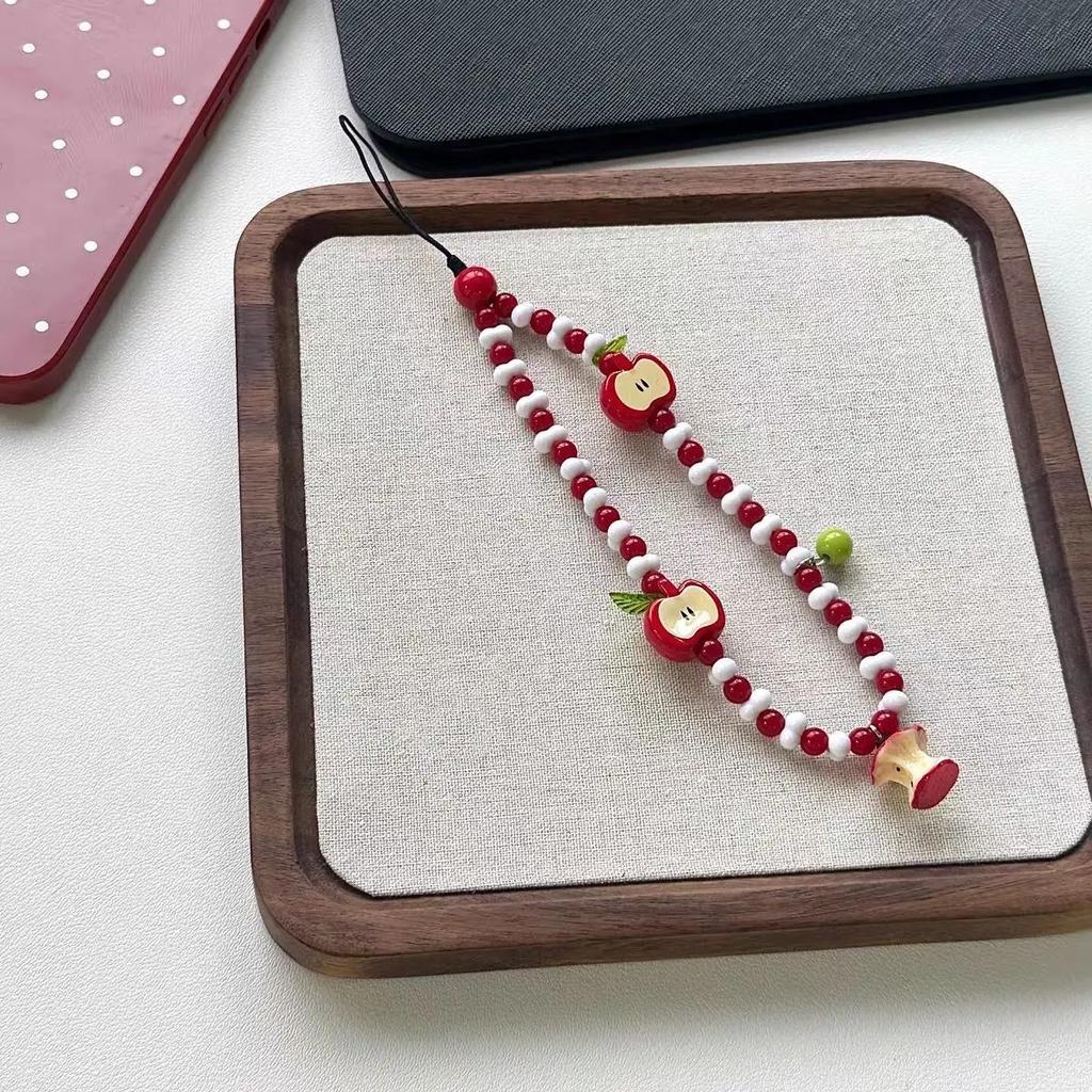 1Pcs Phone Strap Lanyard With Fruit Charms Pendant Cute Kawaii White Red Bead Handmade Cases For Airpods Earphones Ins