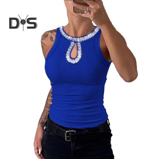 

Женский жилет с круглым вырезом без рукавов, блестящие блестящие украшения, топы, ажурный дизайн, облегающий топ, повседневная одежда 2XL синий