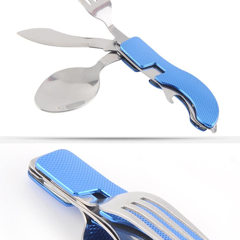 Foldable 4-in-1 Spoon Cutlery Opener Stainless Steel Foldable Pocket Cutlery Kit Outdoor Cutlery Set